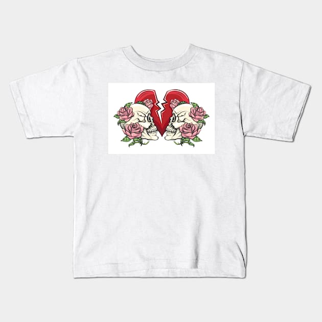 Two Skulls in Roses and Broken Heart Kids T-Shirt by devaleta